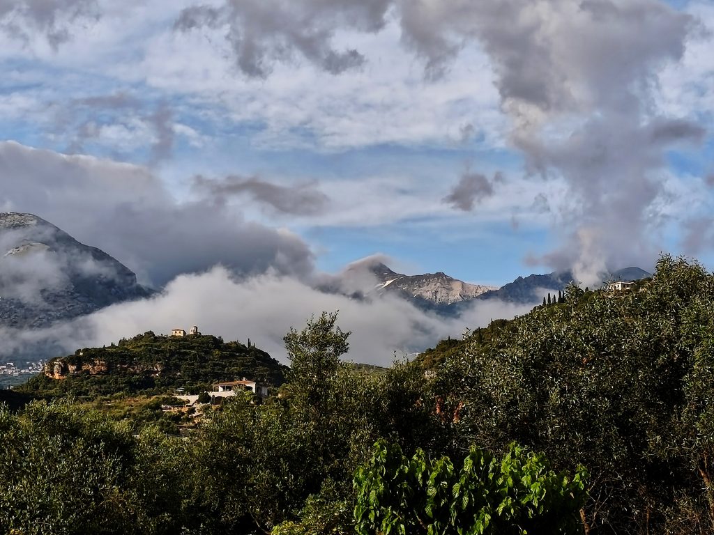 Mount Taygetos rising behind Kardamyli in the Mani