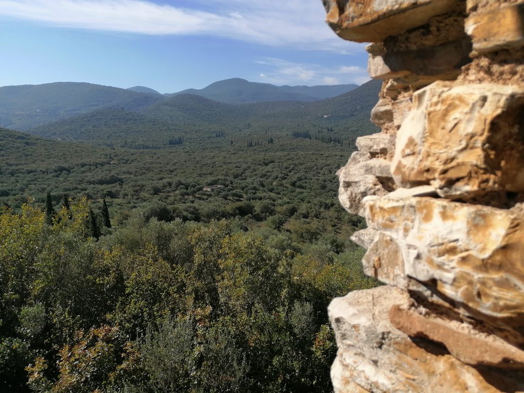 View from Mila Castle over the olive groves and surrounding mountains