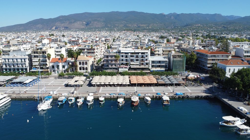 Aerial view of Kalamata waterfront and Mount Taygetos