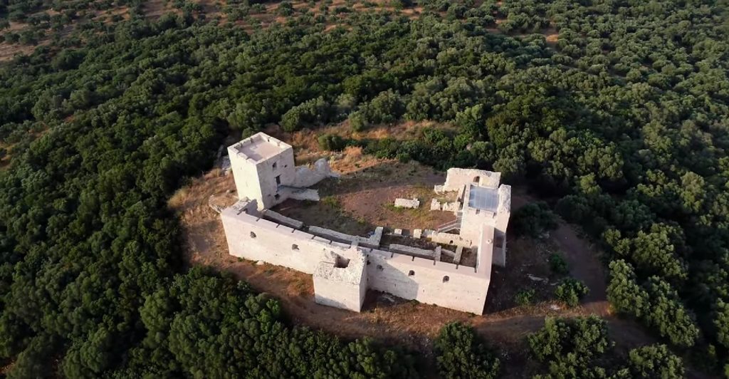 Aerial view of Mila Castle in Messinia