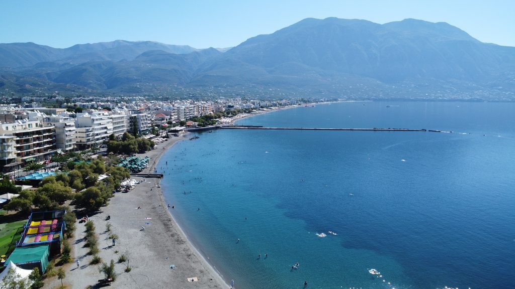 Aerial view of Kalamata beach and Mount Taygetos