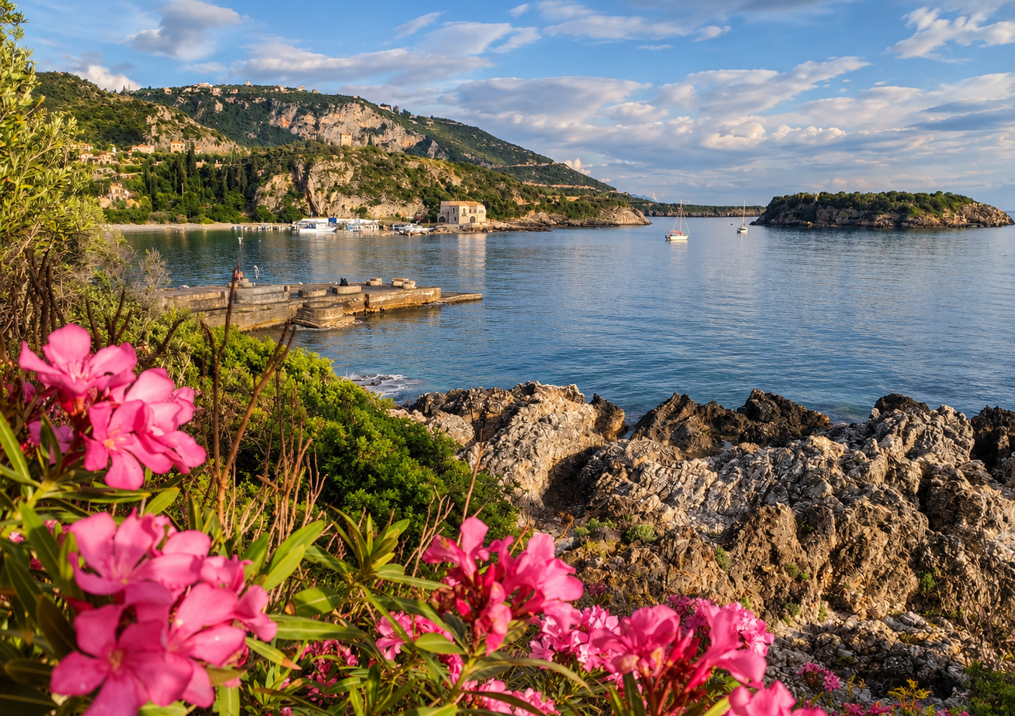 Rocky coastline and small harbour in Kardamyli, Messinia