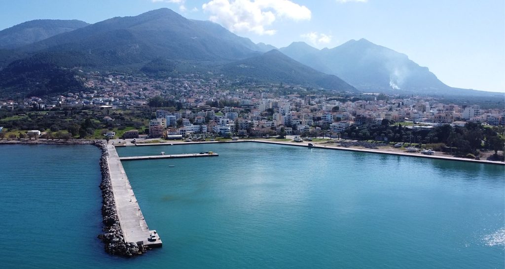 Aerial view of Kyparissia and its harbour on the Ionian coast
