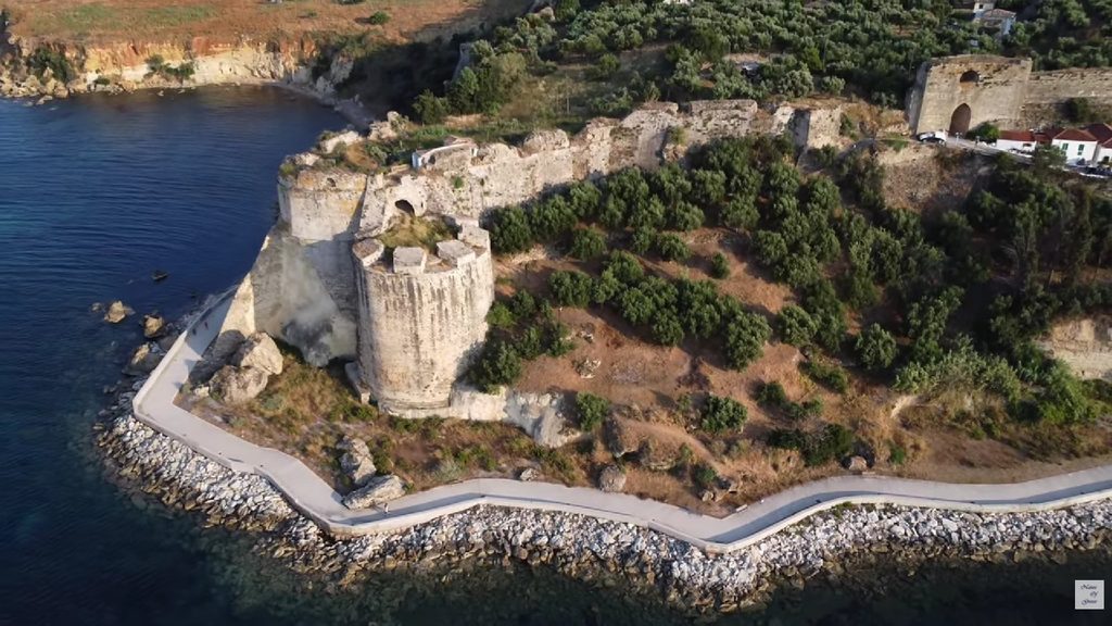 Aerial view of the walls and bastions of Koroni Castle