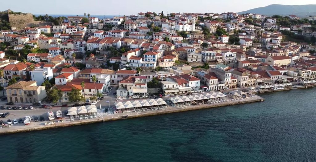 Aerial view of Koroni waterfront and harbour