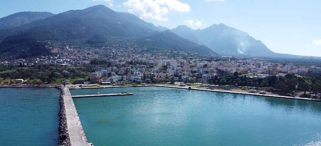 Aerial view of Kyparissia, its harbour and the mountains behind the town