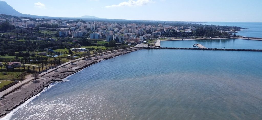 Aerial view of the beach and coastline of Kyparissia