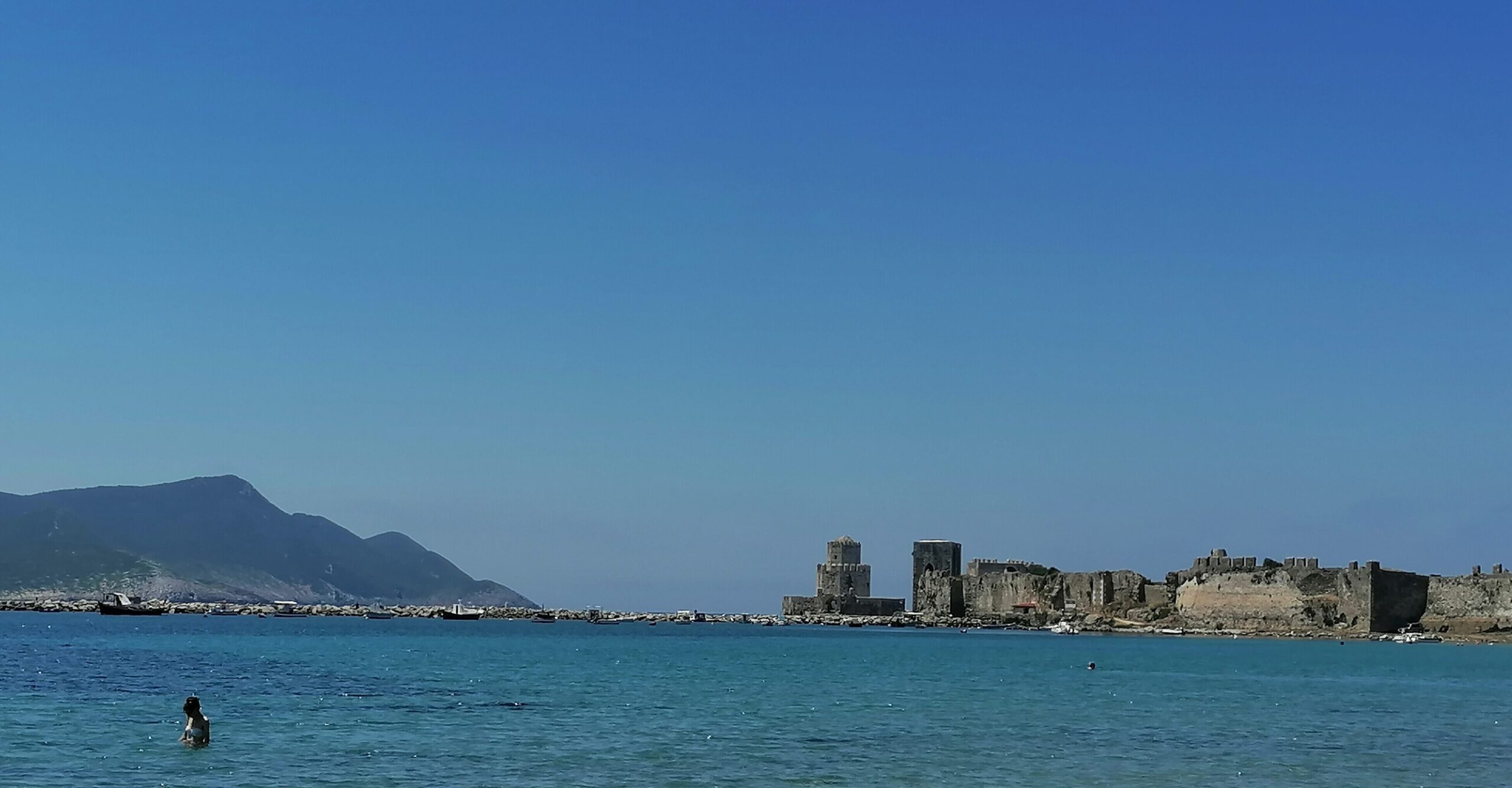 Methoni beach overlooking the seaside castle