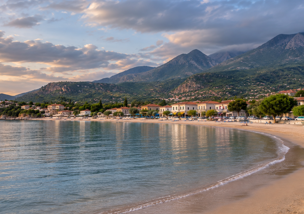 Stoupa Beach with Mount Taygetos in the background