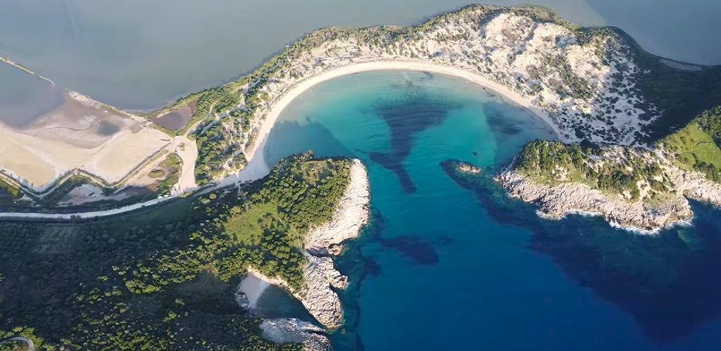 Aerial view of Voidokilia Beach and Gialova Lagoon in Messinia