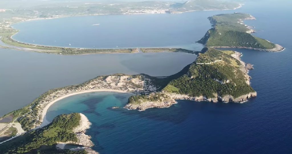 Aerial view of Voidokilia Beach and Gialova Lagoon