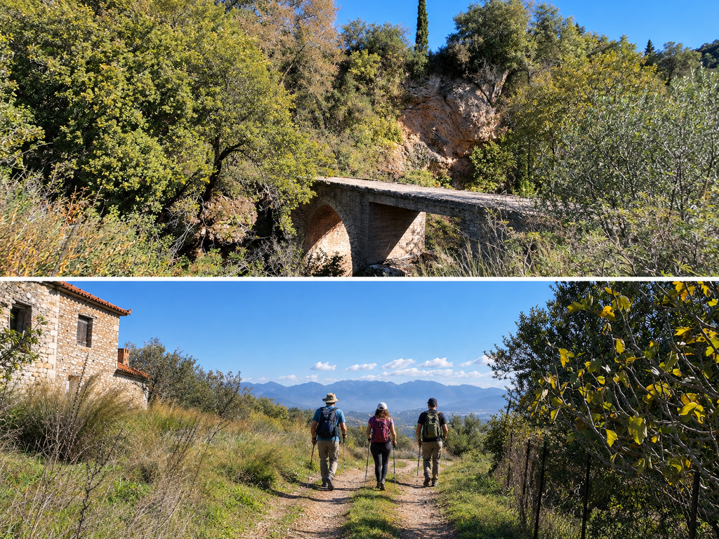 Stone bridge and walking route from Vasiliko to Mila Castle