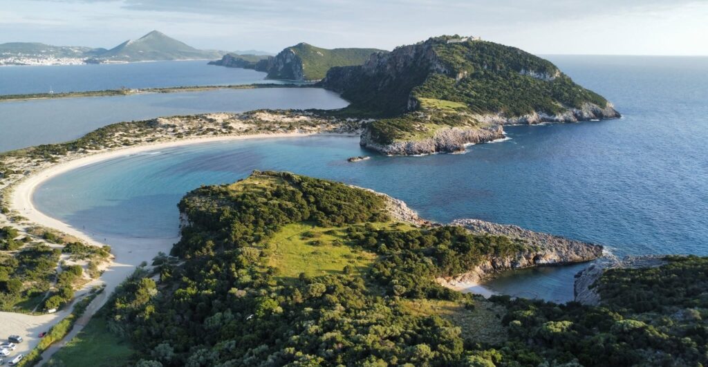 Aerial view of Voidokilia Beach, Palaiokastro hill, and Navarino Bay