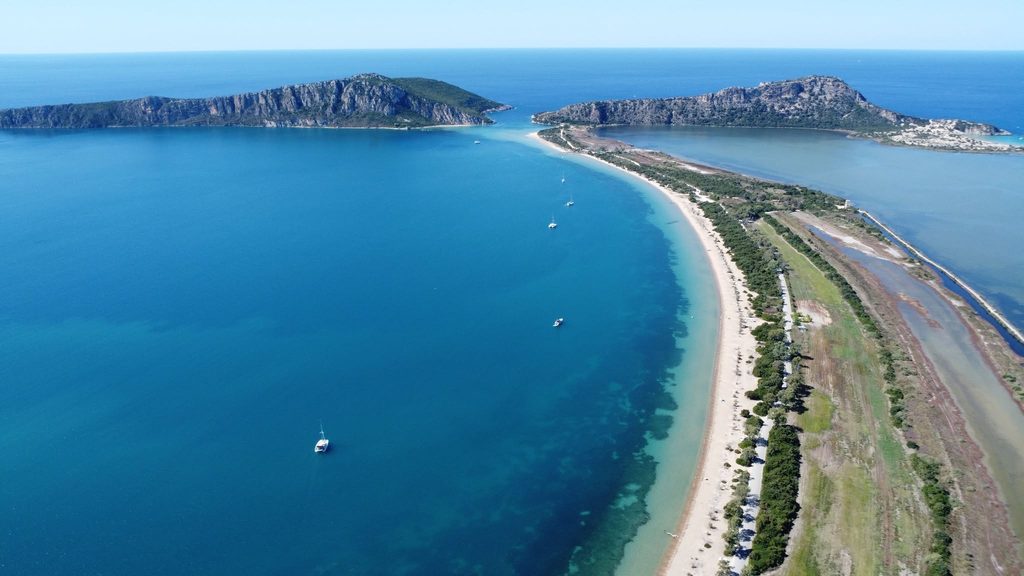 Aerial view of Gialova Lagoon and the narrow strip of land separating it from Navarino Bay