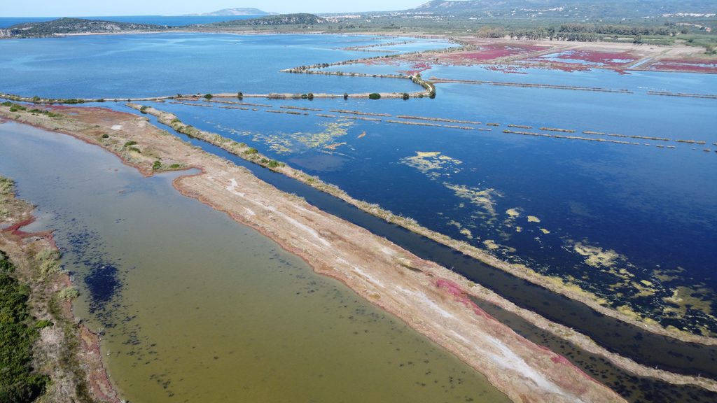 Aerial view of Gialova Lagoon, Divari Beach and Navarino Bay in Messinia, Greece.