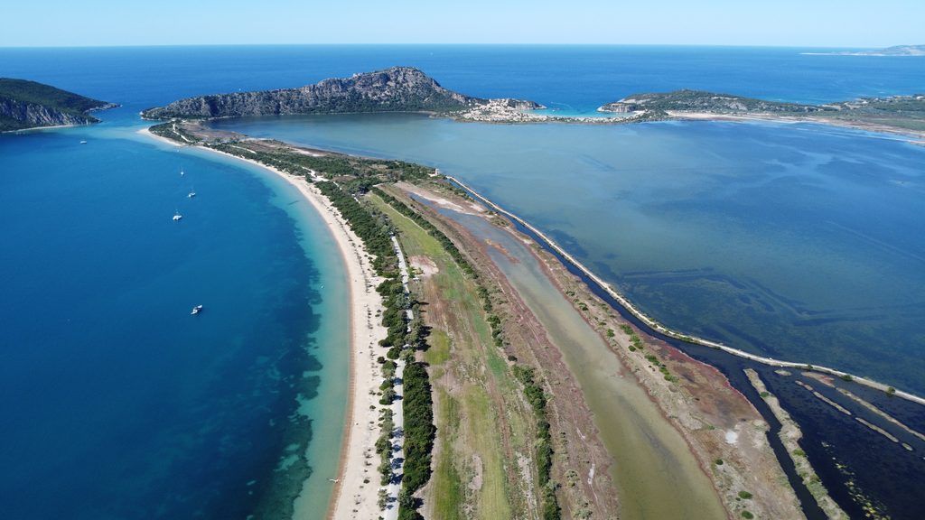 Aerial view of Divari Beach separating Gialova Lagoon from Navarino Bay in Messinia.