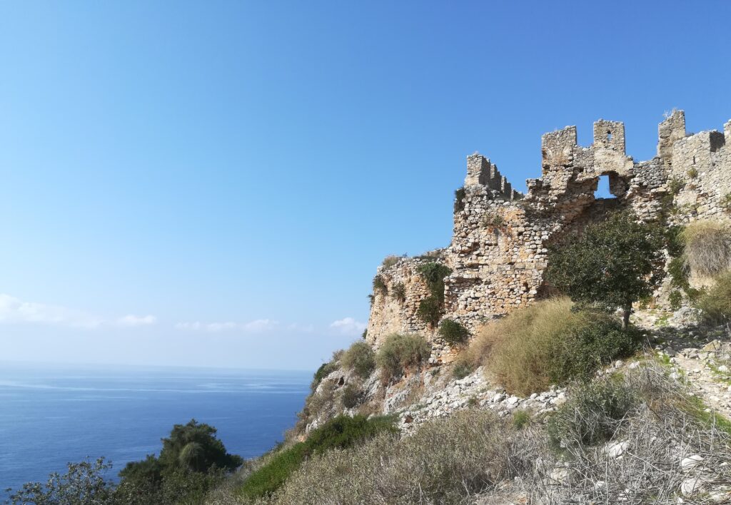Medieval walls of Palaiokastro Castle overlooking the Ionian Sea.