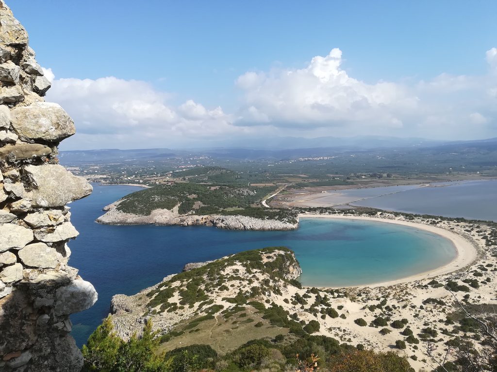 Panoramic view of Voidokilia Beach from Palaiokastro Castle.