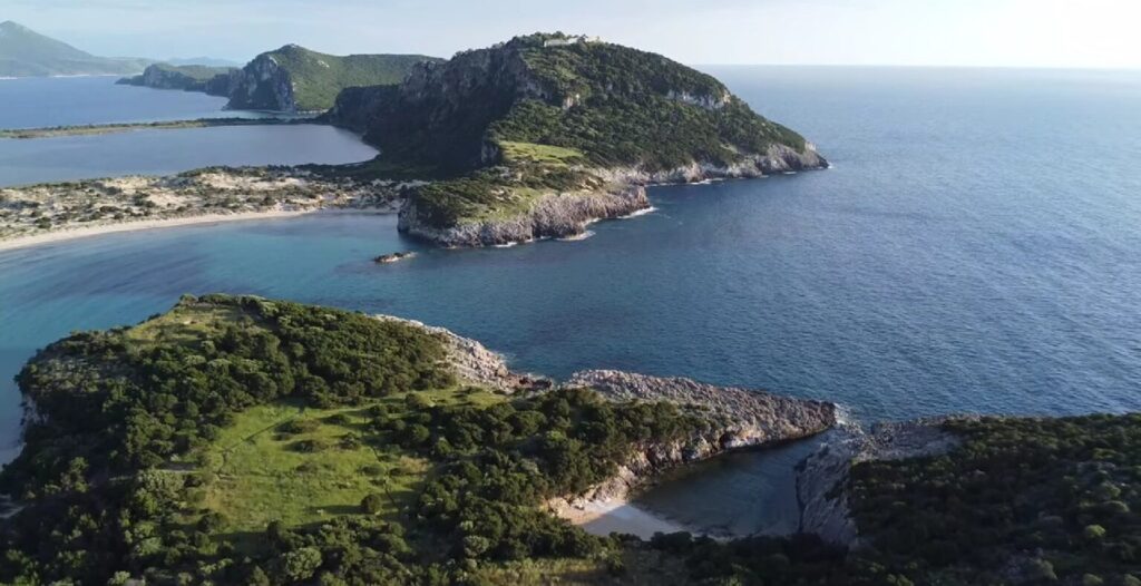 Aerial view of Glossa Beach and the wider Voidokilia area