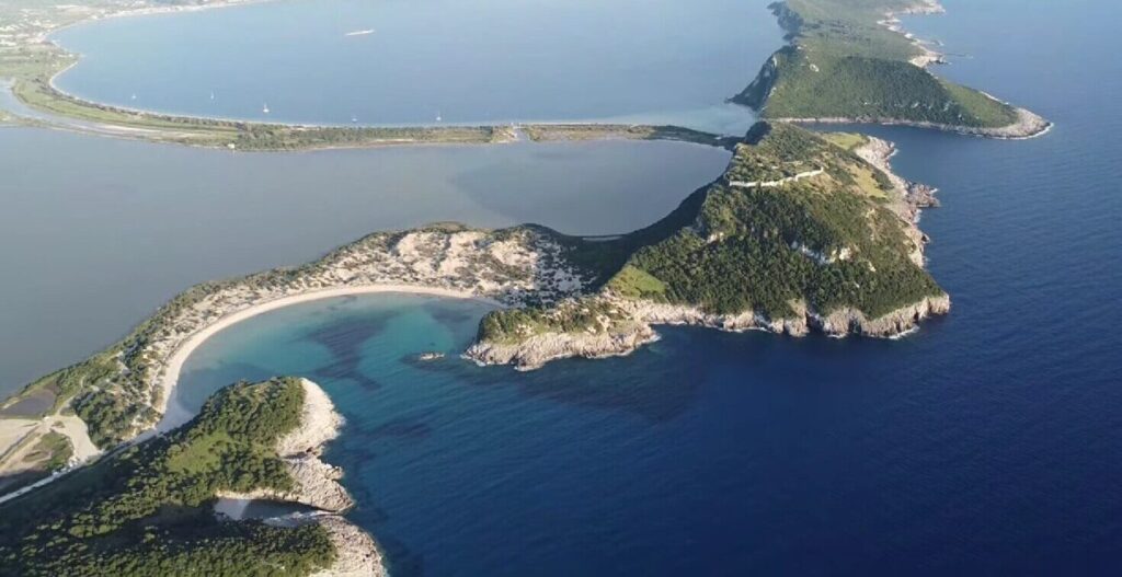 Voidokilia, Glossa Beach and Gialova Lagoon from above