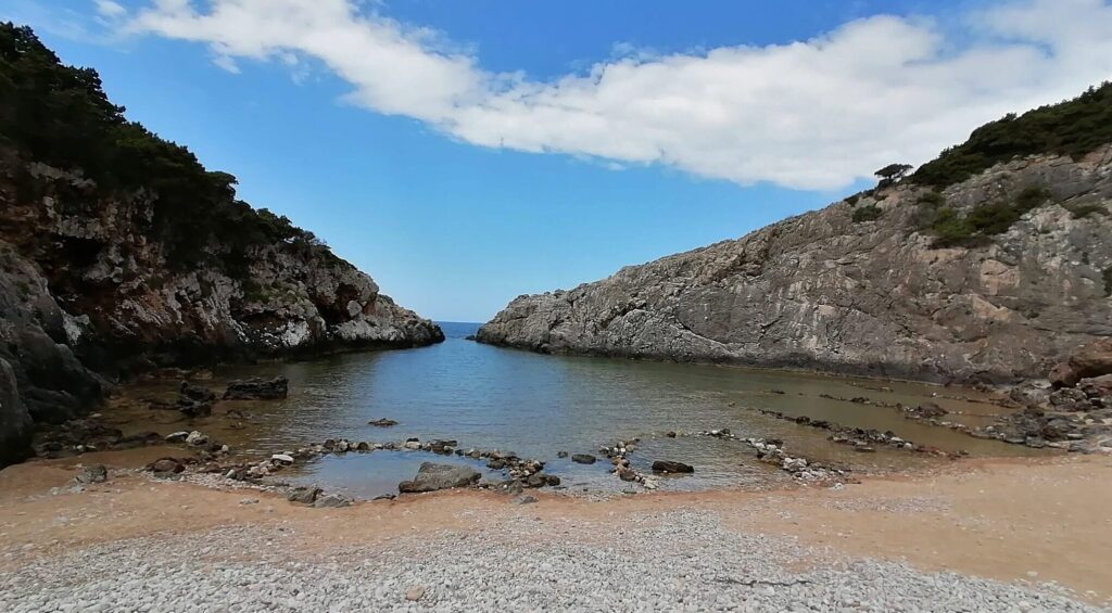 Shallow waters and shoreline at Glossa Beach