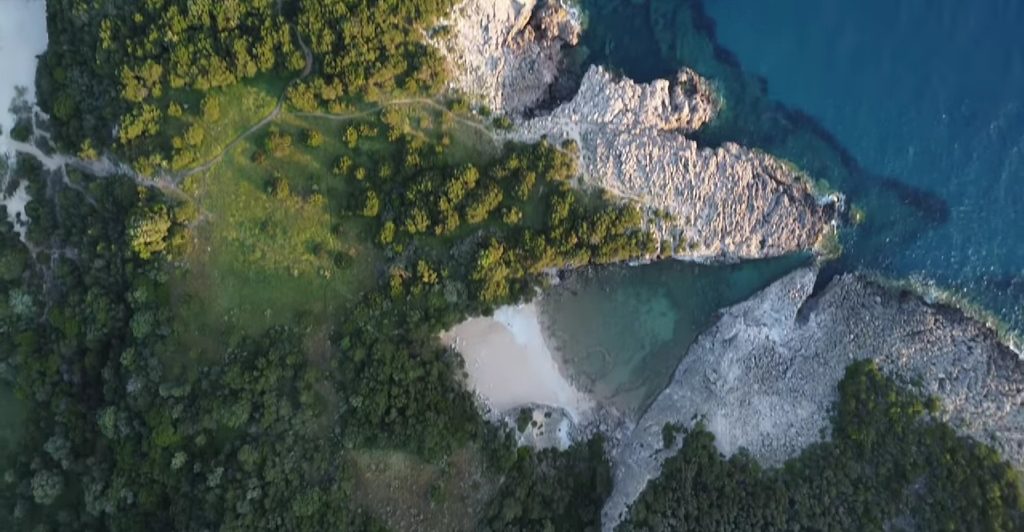 Aerial view of Glossa Beach next to Voidokilia