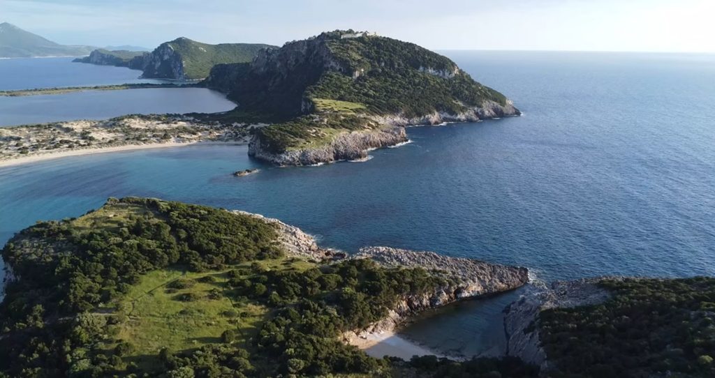 Aerial view of Voidokilia Beach and the Koryfasio Peninsula.