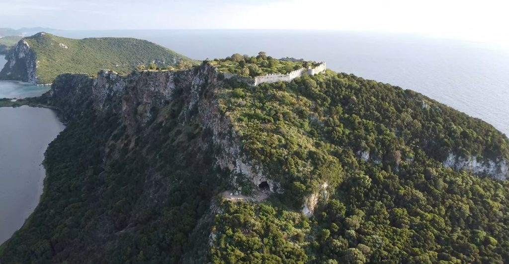 Aerial view of Palaiokastro Castle on its rocky hilltop.