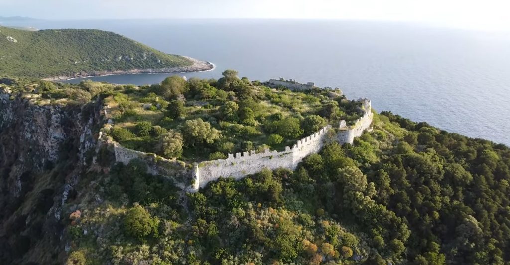Aerial view of the medieval walls and interior of Palaiokastro Castle.