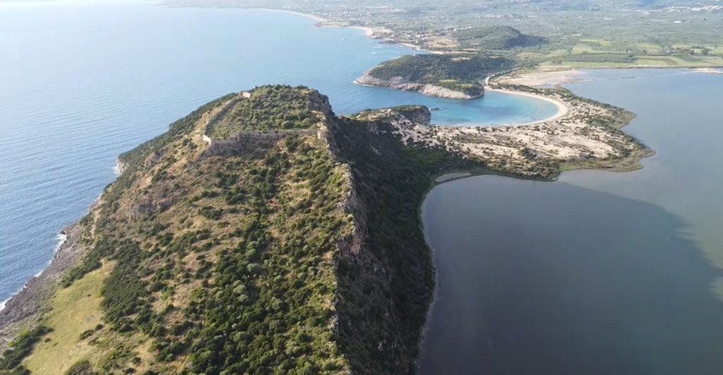 Aerial view of Palaiokastro Castle, Voidokilia Beach and Gialova Lagoon.