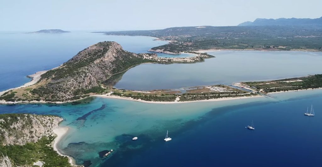 Aerial view of Sykia Passage, Divari Beach and Gialova Lagoon