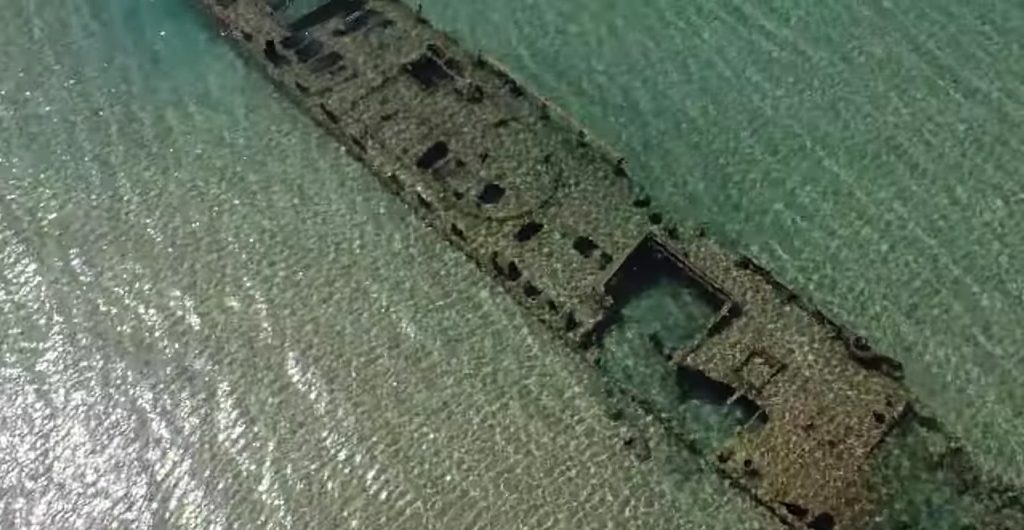 Aerial view of the Ramona shipwreck in Gialova