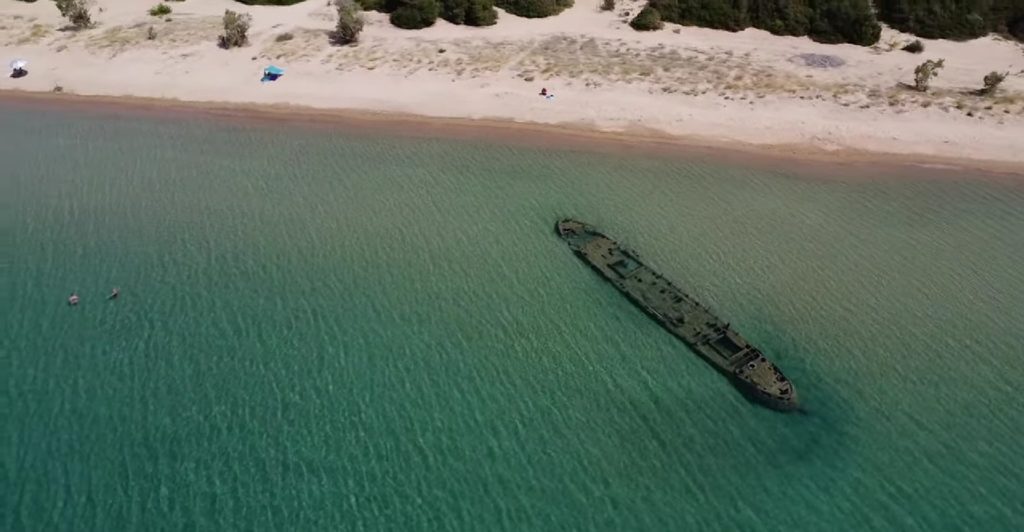 The Ramona shipwreck in the shallow waters off Divari Beach in Gialova