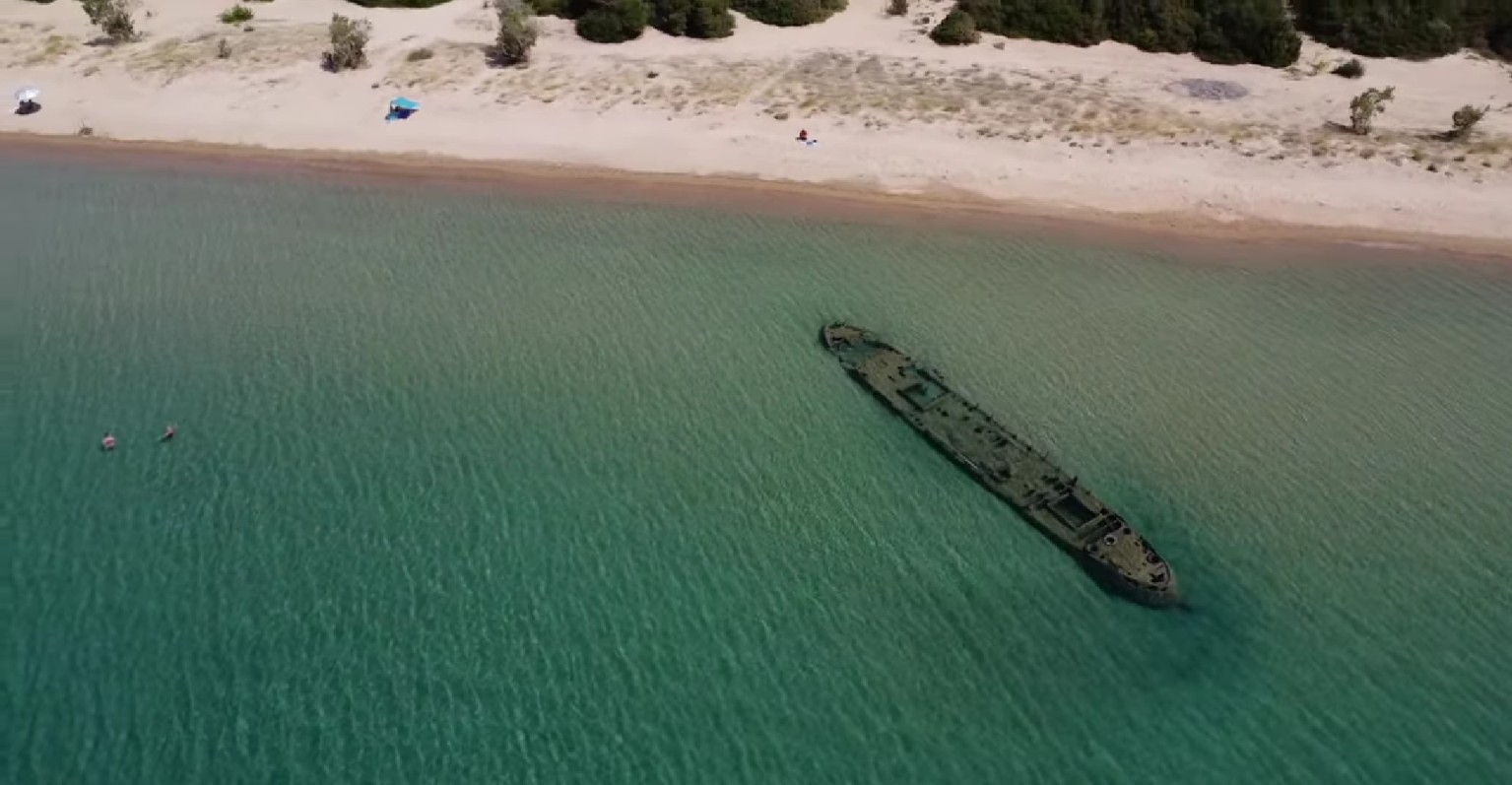 Ramona Shipwreck in Gialova: the half-submerged cargo ship at Divari Beach